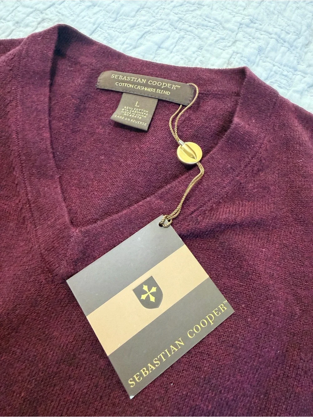 Sebastian Cooper Cotton Cashmere Blend V-Neck Sweater Burgundy Men's Large NWT